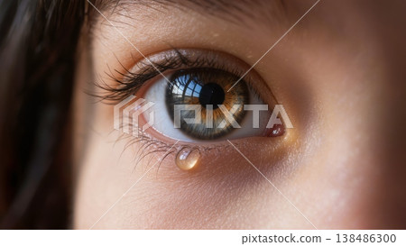 A poignant close-up of a woman's eye with a single tear drop rolling down her cheek, capturing a moment of sorrow and emotional depth. 138486300