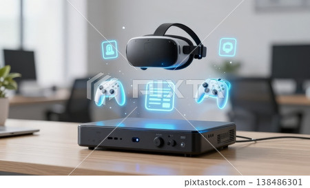 Vr Headset And Console On Desk Showing Holographic Interface And Controllers, Developer Prototyping Mixed Reality UI In Modern Coworking Office, Soft Natural Light, Blurred Background, Sleek 138486301