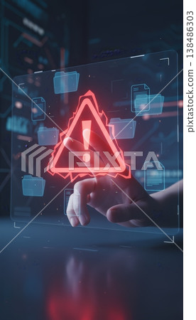 Hand touching a transparent futuristic touchscreen with a glowing red warning triangle signaling system failure or data breach as abstract network data flows in the background 138486303