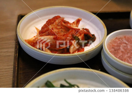 Traditional Korean kimchi served as fermented vegetable side dish 138486386