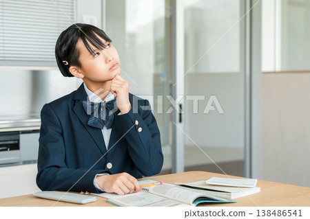 Girls studying in junior high and high school (homework, studying for exams, learning, education, worries, stress, anxiety, confusion) 138486541