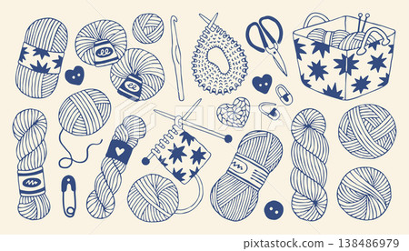 Vector collection of knitting yarn balls and crochet hooks. Hand drawn doodle set with wool skeins and needles in minimalist mediterranean style Vector collection of knitting yarn balls and crochet hooks. Hand drawn doodle set with wool skeins and needles in minimalist mediterranean style 138486979