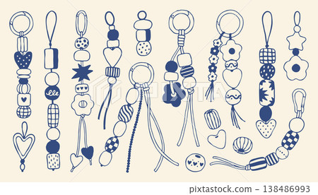 Minimalist collection of beaded keychains with mediterranean motifs. Hand drawn doodle elements featuring hearts and flowers in blue vector style Minimalist collection of beaded keychains with mediterranean motifs. Hand drawn doodle elements featuring hearts and flowers in blue vector style 138486993