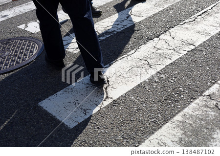 People walking across a zebra crossing on a sunny day. People walking across a zebra crossing on a sunny day. 138487102