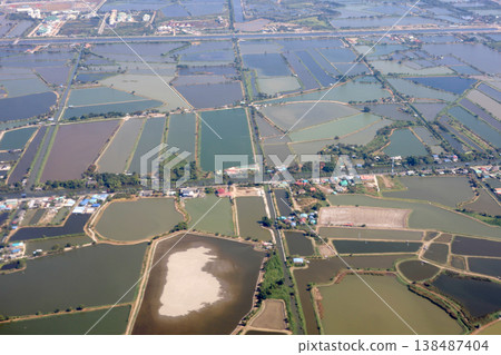 Aerial view of square fish ponds near Suvarnabhumi Airport, Thailand. Aerial view of square fish ponds near Suvarnabhumi Airport, Thailand. 138487404