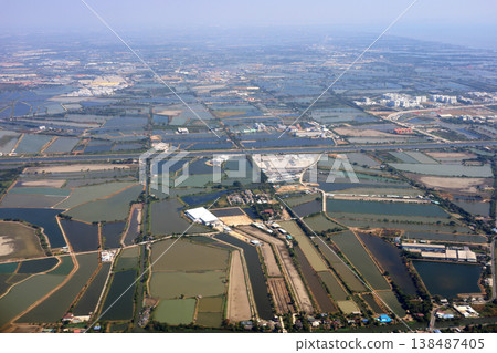 Aerial view of square fish ponds near Suvarnabhumi Airport, Thailand. 138487405