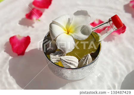Traditional Thai perfume surrounded by rose petals and jasmine flowers. Songkran festival background 138487429