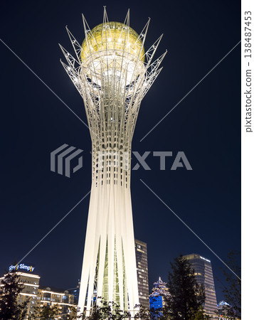 Astana, Kazakhstan: Bayterek Tower shining in the night sky 138487453