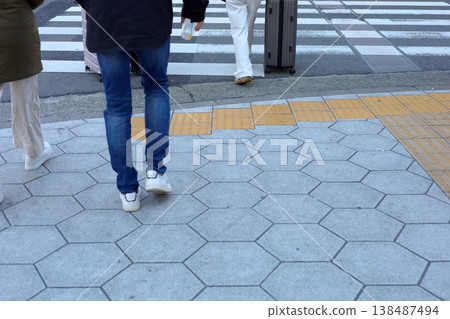 People walking across a zebra crossing on a sunny day. People walking across a zebra crossing on a sunny day. 138487494