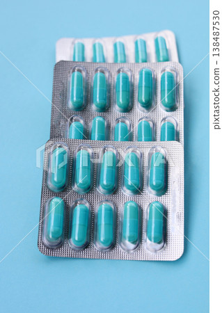 Blue capsules of Doxycycline in blister packs. Blue capsules of Doxycycline in blister packs. 138487530