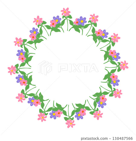 Delicate purple and pink daisy wreath with green leaves for feminine design and cards 138487566