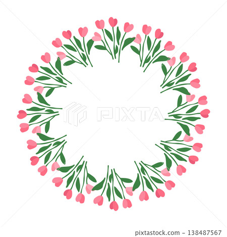 Spring tulip wreath with pink flowers and green stems in circular arrangement on white 138487567