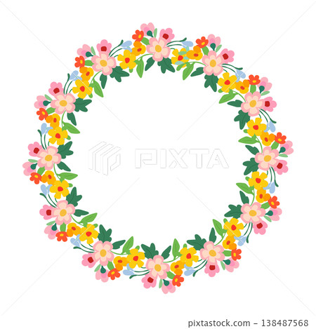Multicolored dopamine floral wreath with bright pink yellow and orange flowers on white Multicolored dopamine floral wreath with bright pink yellow and orange flowers on white 138487568
