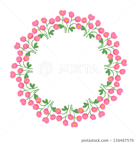 Simple pink flower wreath with small green leaves in minimalist flat style illustration Simple pink flower wreath with small green leaves in minimalist flat style illustration 138487570