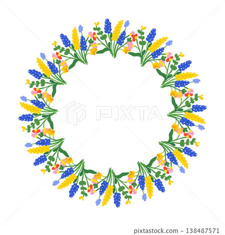 Decorative floral circle with yellow and blue lupine flowers and green foliage on white Decorative floral circle with yellow and blue lupine flowers and green foliage on white 138487571