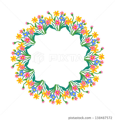 Bright wildflower wreath with yellow and blue blossoms in doodle style for summer design Bright wildflower wreath with yellow and blue blossoms in doodle style for summer design 138487572