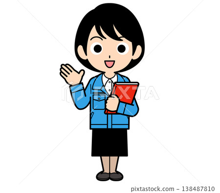 一位短髮女職員拿著文件引導客戶。 138487810