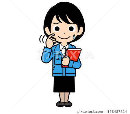 A short-haired female office worker looks flustered while holding a file. A short-haired female office worker looks flustered while holding a file. 138487814