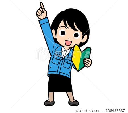 一名短髮上班族手持新手駕駛貼紙，指著某處。 138487887