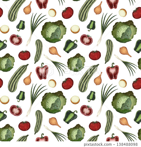 A seamless watercolor pattern featuring a variety of red and green vegetables on a white background. 138488098