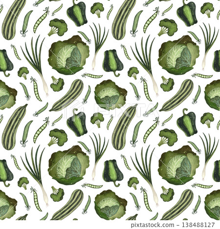 A fresh seamless watercolor pattern featuring a variety of green vegetables set against a clean white background. A fresh seamless watercolor pattern featuring a variety of green vegetables set against a clean white background. 138488127