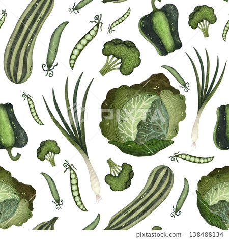 A fresh seamless watercolor pattern featuring a variety of green vegetables set against a clean white background. A fresh seamless watercolor pattern featuring a variety of green vegetables set against a clean white background. 138488134