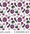 A vibrant seamless watercolor pattern showcasing a variety of vegetables in pink and purple tones set against a clean white background. 138488143