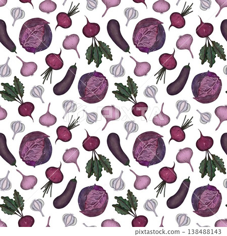 A vibrant seamless watercolor pattern showcasing a variety of vegetables in pink and purple tones set against a clean white background. A vibrant seamless watercolor pattern showcasing a variety of vegetables in pink and purple tones set against a clean white background. 138488143