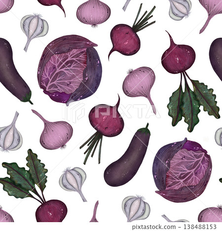A vibrant seamless watercolor pattern showcasing a variety of vegetables in pink and purple tones set against a clean white background. A vibrant seamless watercolor pattern showcasing a variety of vegetables in pink and purple tones set against a clean white background. 138488153
