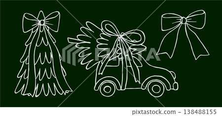 Vector illustration of a Christmas tree with a big bow, a separate bow and a car with a tree on the roof on a dark green background. Vector illustration of a Christmas tree with a big bow, a separate bow and a car with a tree on the roof on a dark green background. 138488155