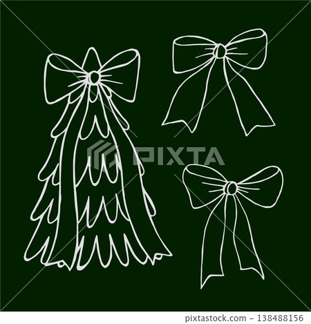 Vector illustration of a Christmas tree with a large bow and two separate bows on a dark green background. Vector illustration of a Christmas tree with a large bow and two separate bows on a dark green background. 138488156