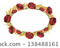 A watercolor oval frame of red poppy flowers and golden wheat ears on a white background 138488161
