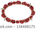 A beautiful watercolor illustration featuring an oval frame made of vibrant red poppy flowers and lush greenery against a clean white background 138488175