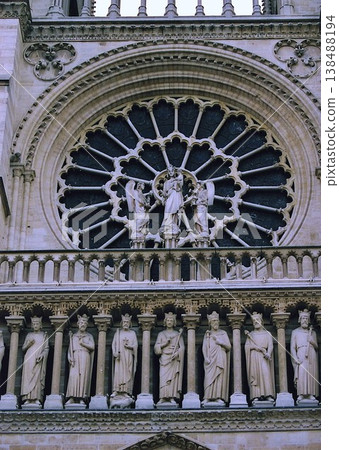Sculpture on the facade of Notre Dame Cathedral in Paris Sculpture on the facade of Notre Dame Cathedral in Paris 138488194