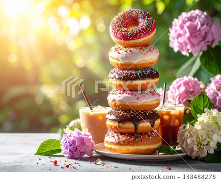 在咖啡館裡，享用一塔色彩繽紛的甜甜圈和一杯冰咖啡，度過美好的時光。 138488278