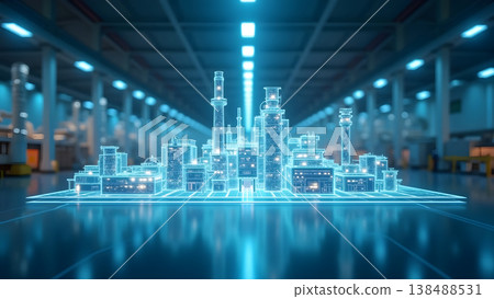 未來智慧工廠的數位孿生:以全息圖形式顯示的工業工廠的 3D 視覺化。 未來智慧工廠的數位孿生:以全息圖形式顯示的工業工廠的 3D 視覺化。 138488531