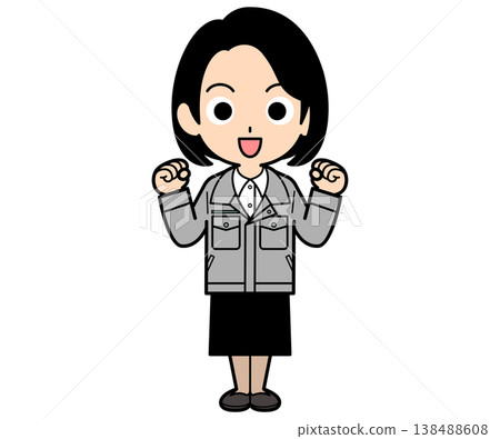 A female office worker with a one-curl bob hairstyle makes a triumphant gesture. 138488608