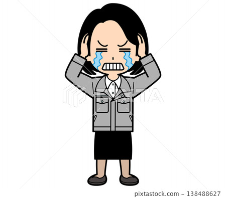 A female office worker with a one-curl bob haircut is holding her head in her hands and crying. 138488627