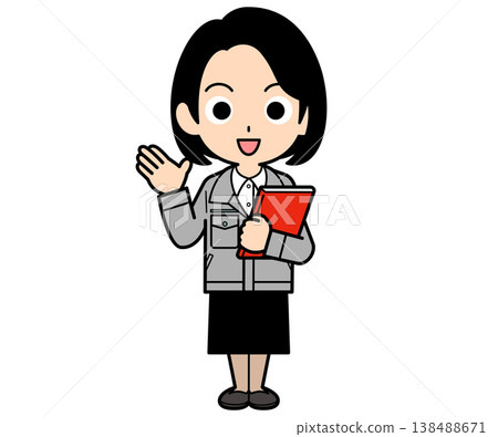 A female office worker with a one-curl bob haircut guides you while holding a file. 138488671