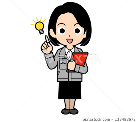 A female office worker with a one-curl bob haircut, holding a file, has an idea come to her. 138488672