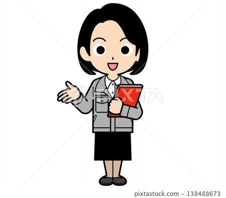 A female office worker with a one-curl bob haircut introduces a file. A female office worker with a one-curl bob haircut introduces a file. 138488673