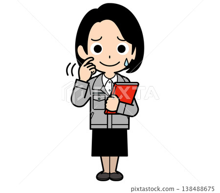 A female office worker with a one-curl bob haircut looks flustered while holding a file. 138488675