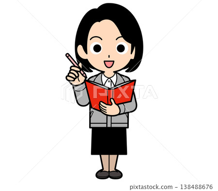 A female office worker with a one-curl bob haircut takes notes while holding a file. 138488676