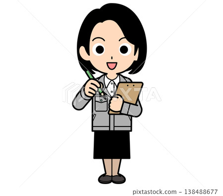 A female office worker with a one-curl bob haircut takes notes while holding a binder. 138488677
