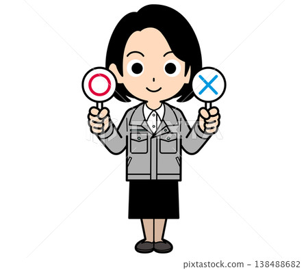 A female office worker with a one-curl bob haircut holds both a checkmark and an X. 138488682