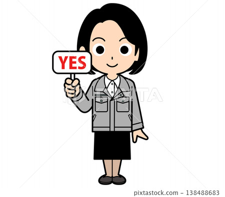 A female office worker with a one-curl bob haircut holding a "YES" sign. 138488683
