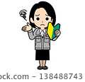 A female office worker with a one-curl bob haircut looks confused while holding a beginner driver's sticker. 138488743