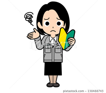 一位留著單卷波波頭的女上班族拿著新手駕駛貼紙,一臉困惑。 一位留著單卷波波頭的女上班族拿著新手駕駛貼紙,一臉困惑。 138488743