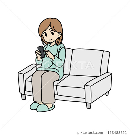 一幅簡單的插圖,描繪了一位女士在沙發上使用智慧型手機的情景。 一幅簡單的插圖,描繪了一位女士在沙發上使用智慧型手機的情景。 138488831