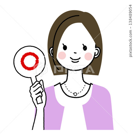 一位留著波波頭、穿著休閒職業裝的女士；一位手持圓形標語牌的女士。 138489054